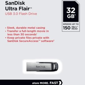 SanDisk Ultra Flair 32GB, USB 3.0, Flash Drive, Upto 150MB/s R, Pendrive, Metal, 5Y Warranty (SDCZ73-032G-I35)