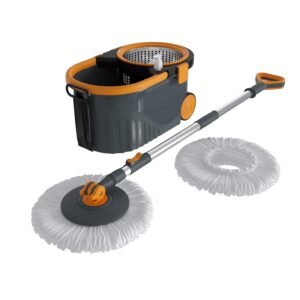 Spin Mop with Stainless Steel Wringer & Big Wheels | 360° Rotating Mop, Adjustable Handle | Easy Floor Cleaning Bucket Set with 2 Microfiber Refills – Grey & Orange