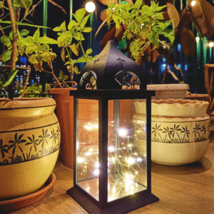 Vintage Decorative Lantern with Fairy Lights | Battery Operated . [ Black / White ]