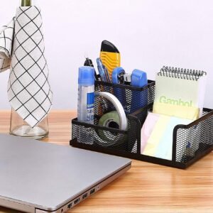 Multi-Functional Metal Mesh Pen Pencil Stand Office Desk Organizer Clip Holder - 3/4/9 Compartment (Black stationary)