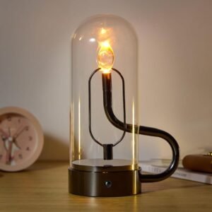 Lumina Magnetic Swinging Flame Glass Shade Candle Lamp | USB Rechargeable | Portable Table Lamp for Hotel, Cafe, Restaurant or Home for Bedside, Center or Dining (Black / Gold)