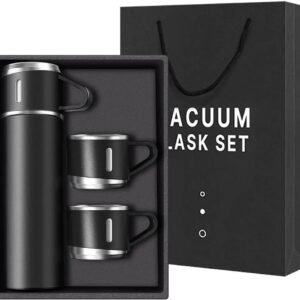 Double Wall Stainless Steel Thermo 500ml Vacuum Insulated Bottle Water Flask Gift Set with Two Cups Hot & Cold | Assorted Color | Diwali Gifts for Employees | Corporate Gift Items.  BLACK, NAVY BLUE, GREEN , SKIN, GREY]