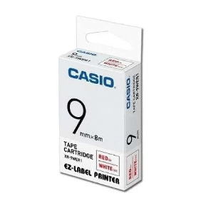 CASIO XR-9WER1 TAPE CARTRIDGE EZ-LABEL PRINTER (Red text on White Tape)