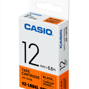 CASIO XR-12FOE TAPE CARTRIDGE EZ-LABEL PRINTER (Black text on fluorescent Orange Tape)